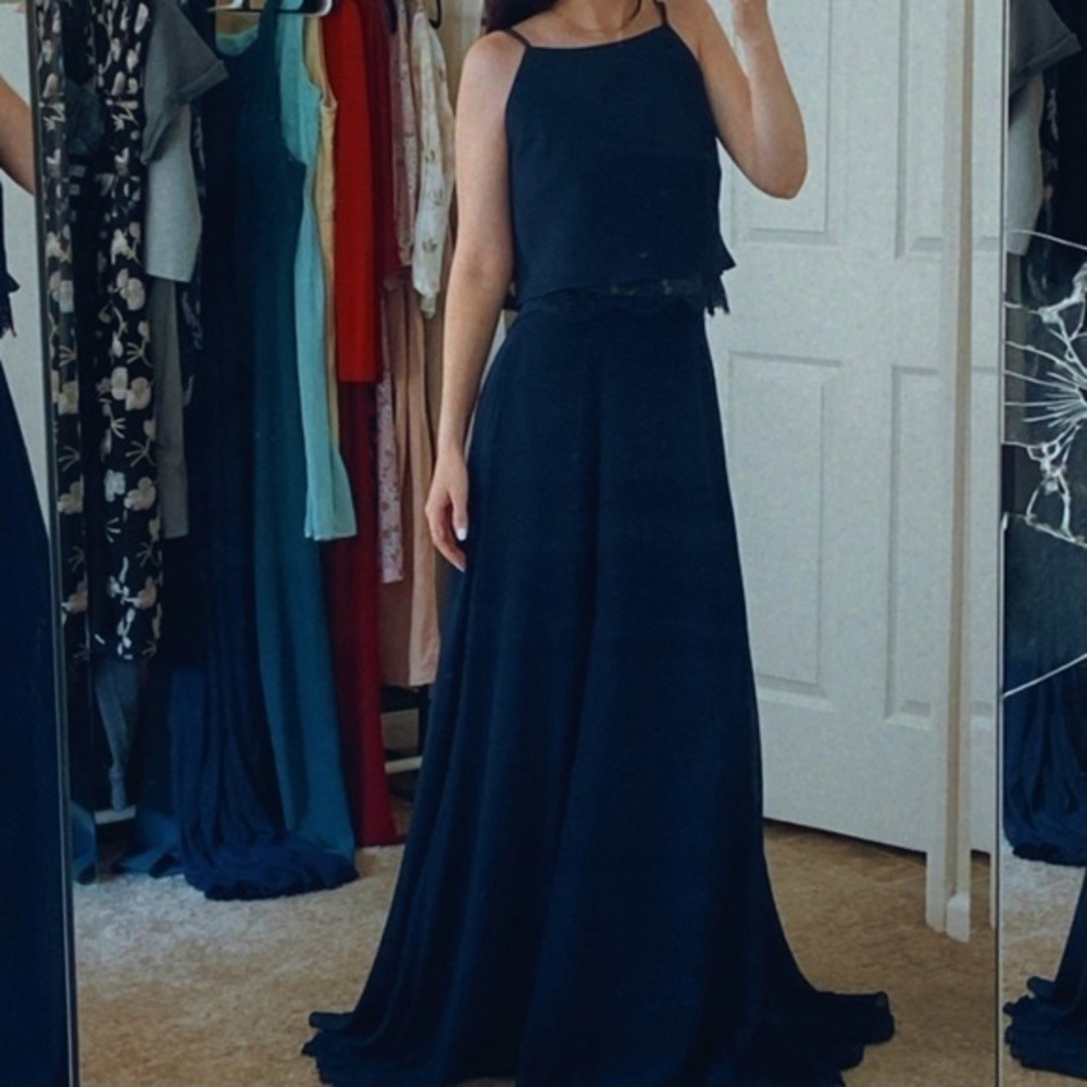 Theia Bridesmaids Navy Two-Piece Lace Set